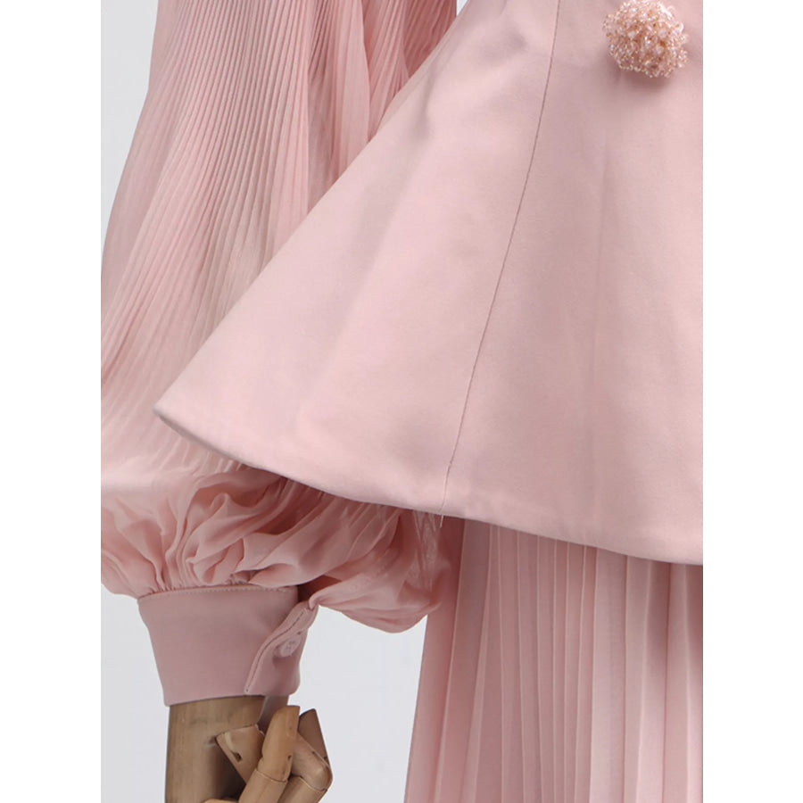 Frill Lapel Collar Top and Pleated Skirt Set Apparel and Accessories