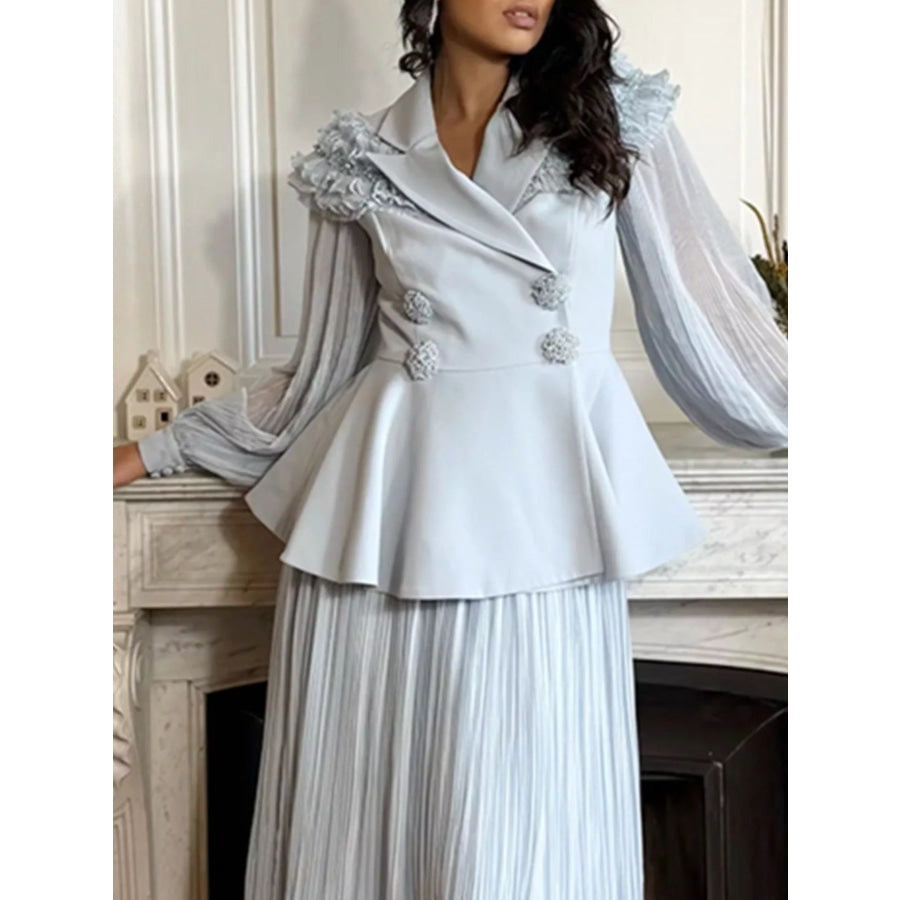 Frill Lapel Collar Top and Pleated Skirt Set Blue / S Apparel and Accessories