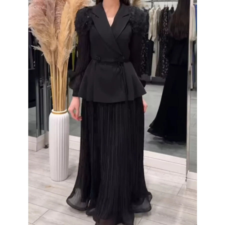 Frill Lapel Collar Top and Pleated Skirt Set Black / S Apparel and Accessories