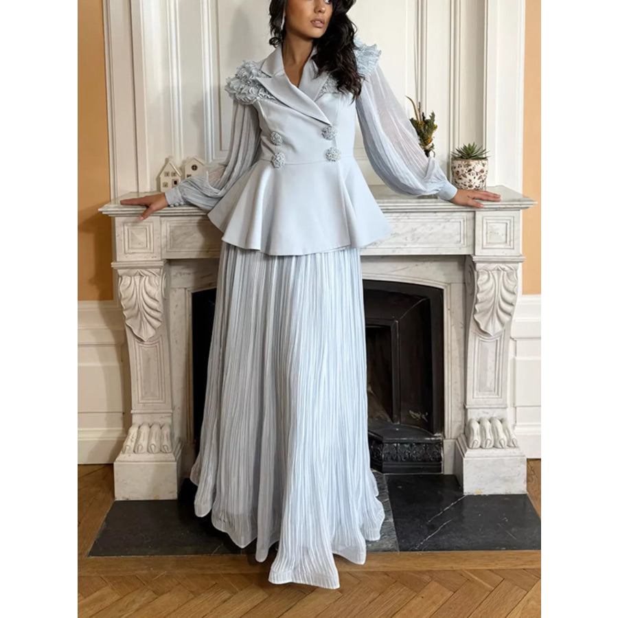 Frill Lapel Collar Top and Pleated Skirt Set Blue / S Apparel and Accessories