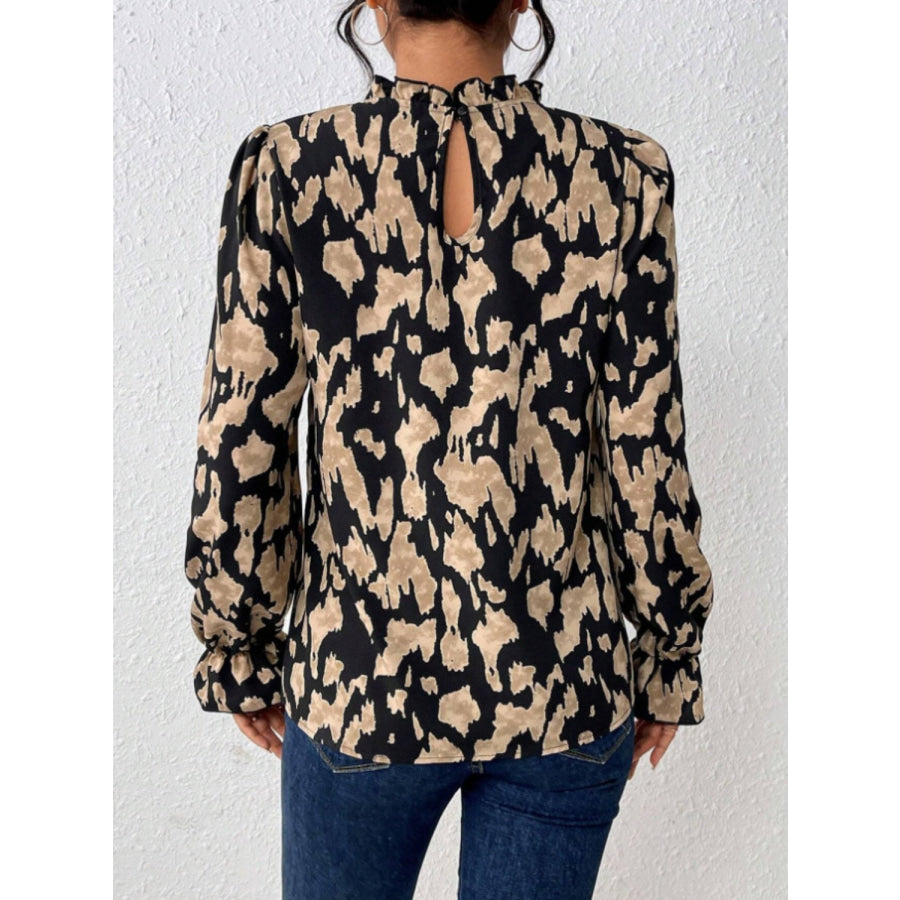 Frill Leopard Mock Neck Flounce Sleeve Blouse Apparel and Accessories