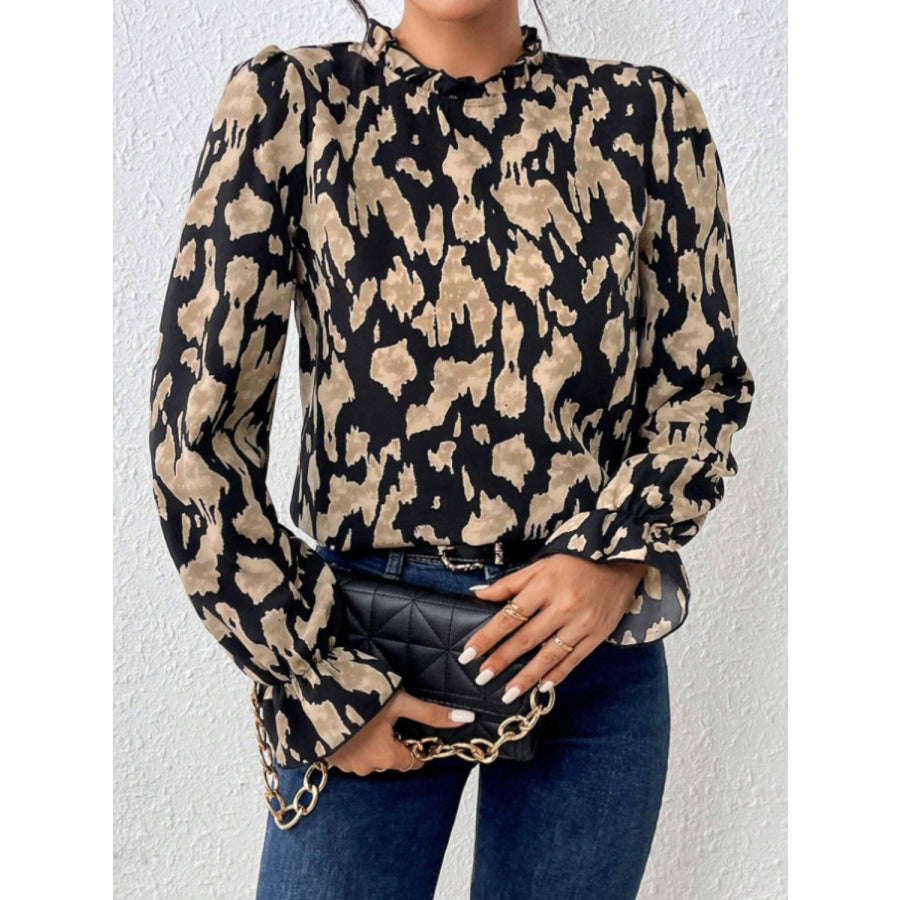 Frill Leopard Mock Neck Flounce Sleeve Blouse Black / S Apparel and Accessories