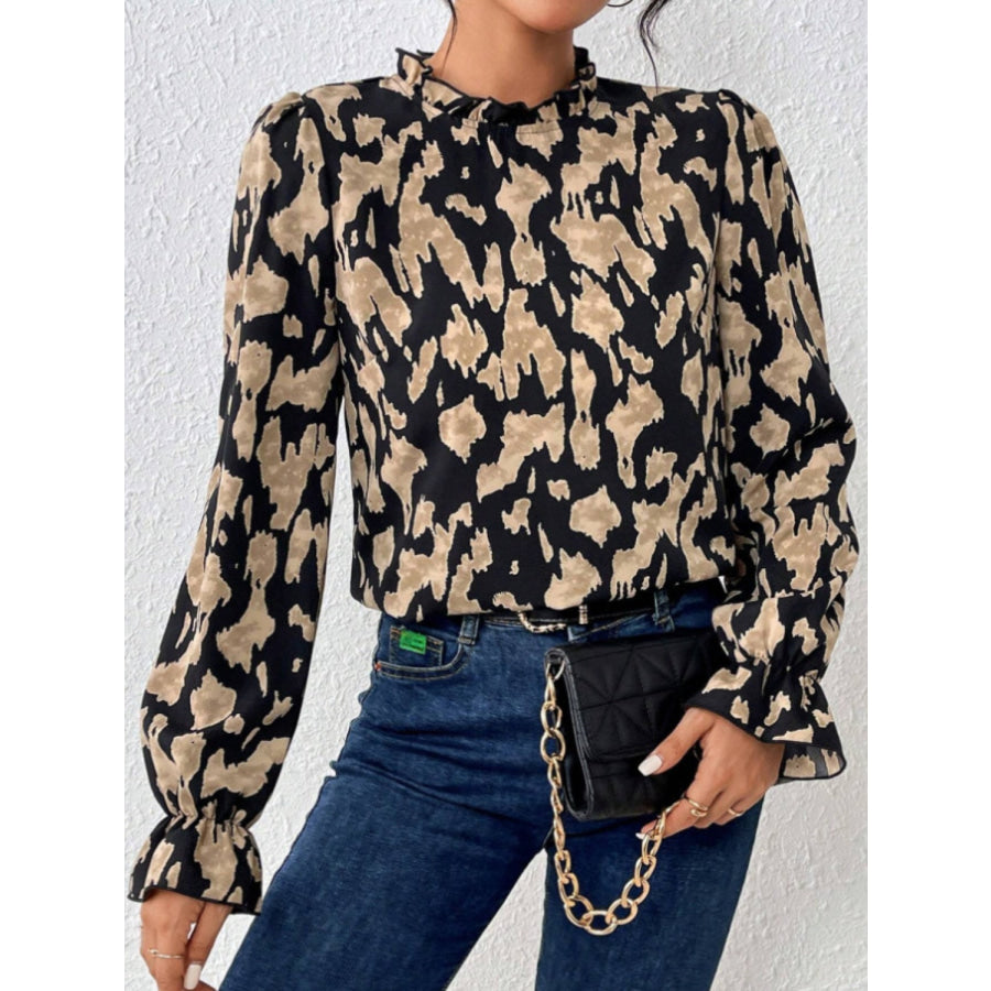 Frill Leopard Mock Neck Flounce Sleeve Blouse Apparel and Accessories