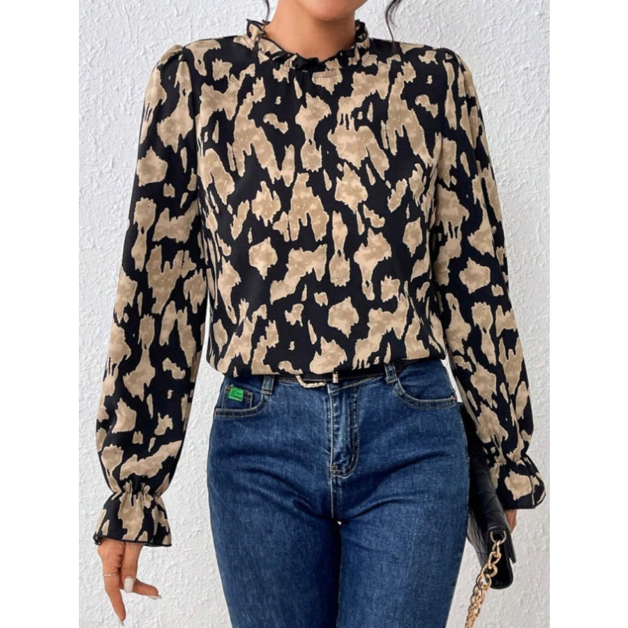 Frill Leopard Mock Neck Flounce Sleeve Blouse Apparel and Accessories