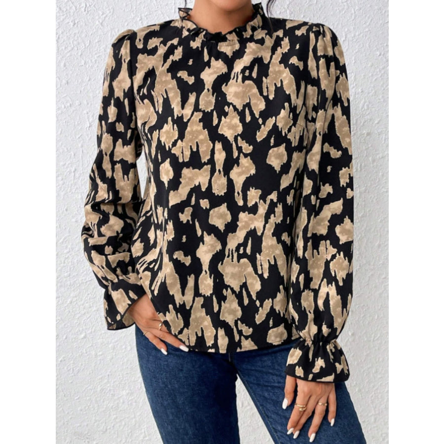 Frill Leopard Mock Neck Flounce Sleeve Blouse Black / S Apparel and Accessories