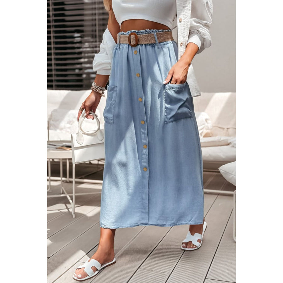 Frill Midi Skirt with Pockets Light Blue / S Apparel and Accessories