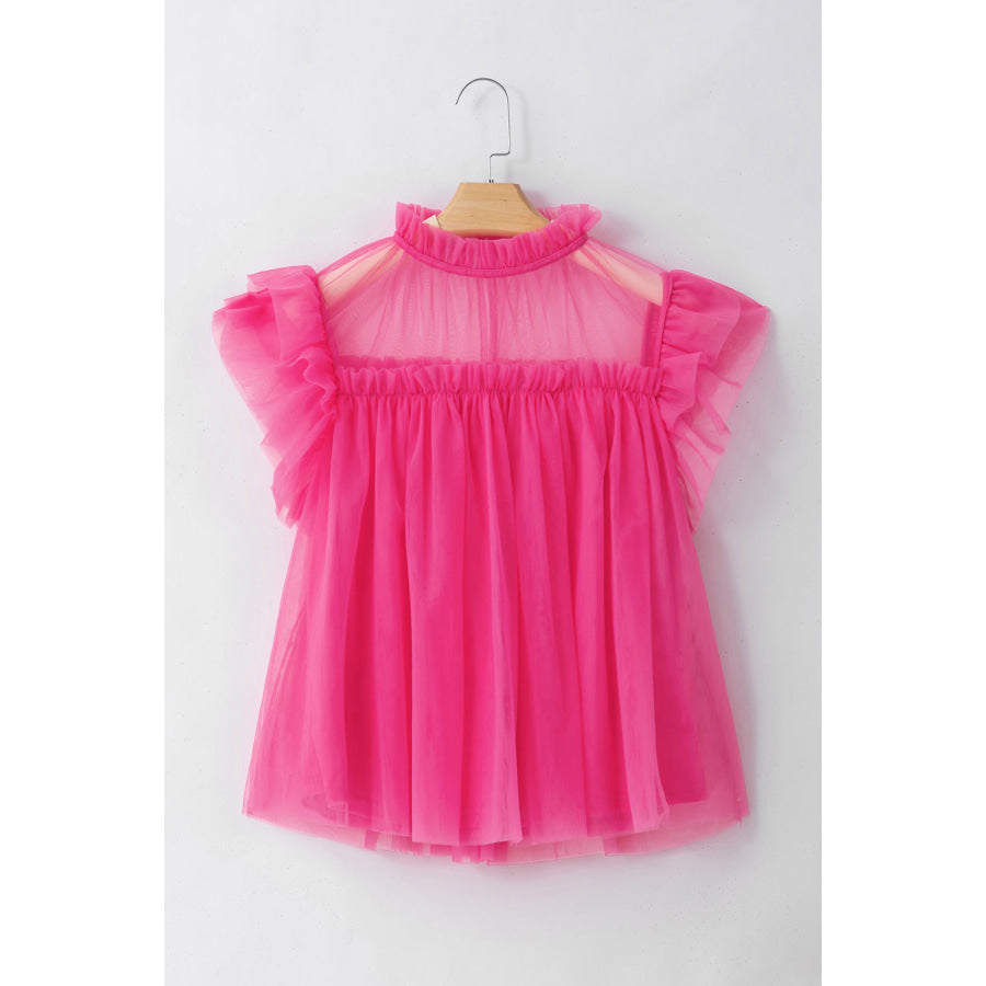 Frill Mock Neck Cap Sleeve Blouse Hot Pink / S Apparel and Accessories