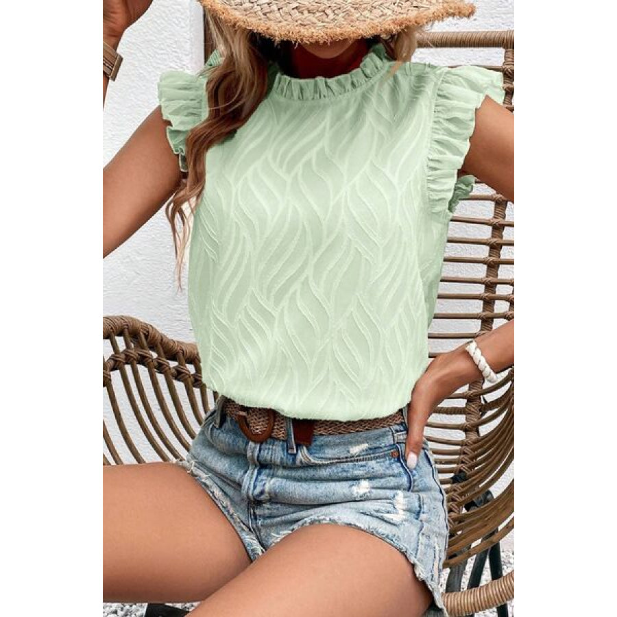 Frill Mock Neck Cap Sleeve Tank Light Green / S Apparel and Accessories