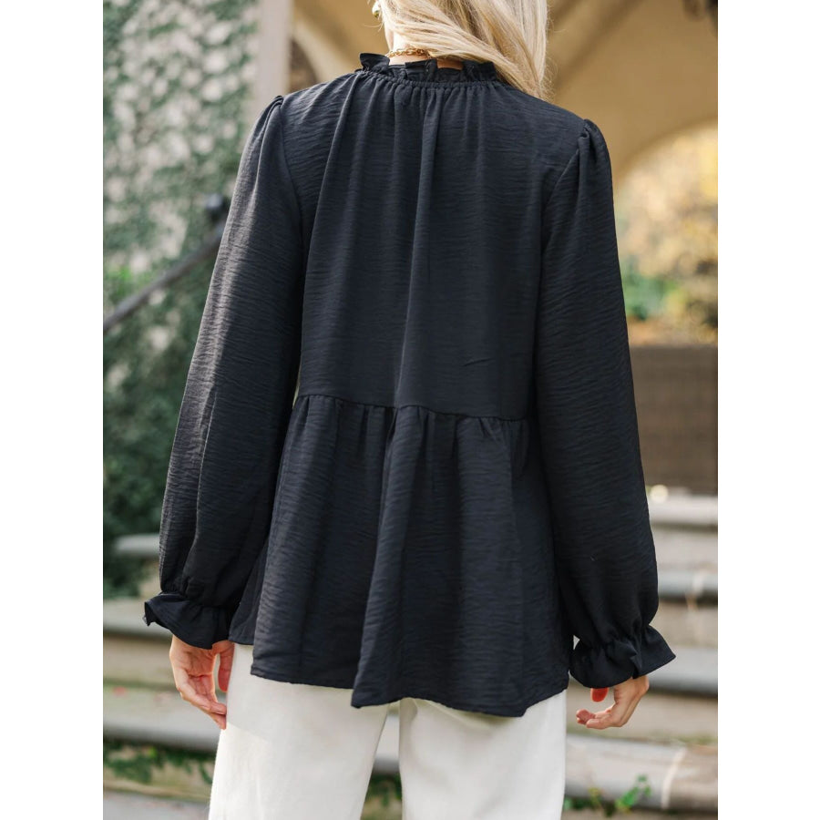 Frill Mock Neck Flounce Sleeve Blouse Apparel and Accessories