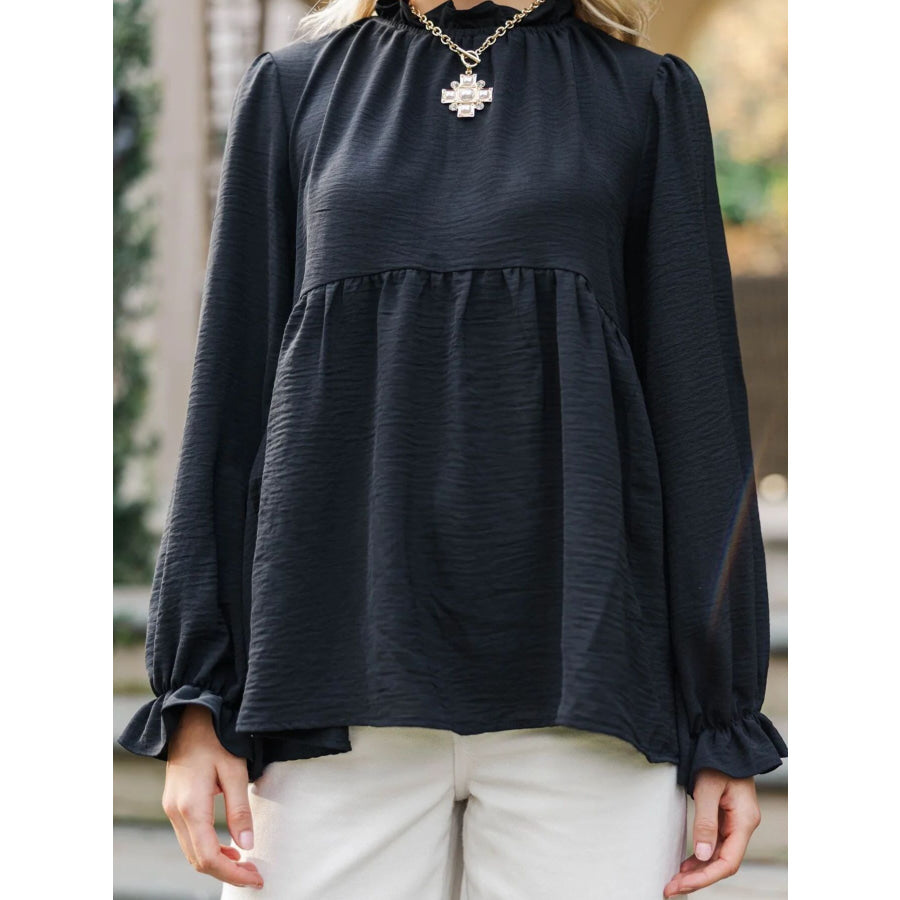 Frill Mock Neck Flounce Sleeve Blouse Apparel and Accessories