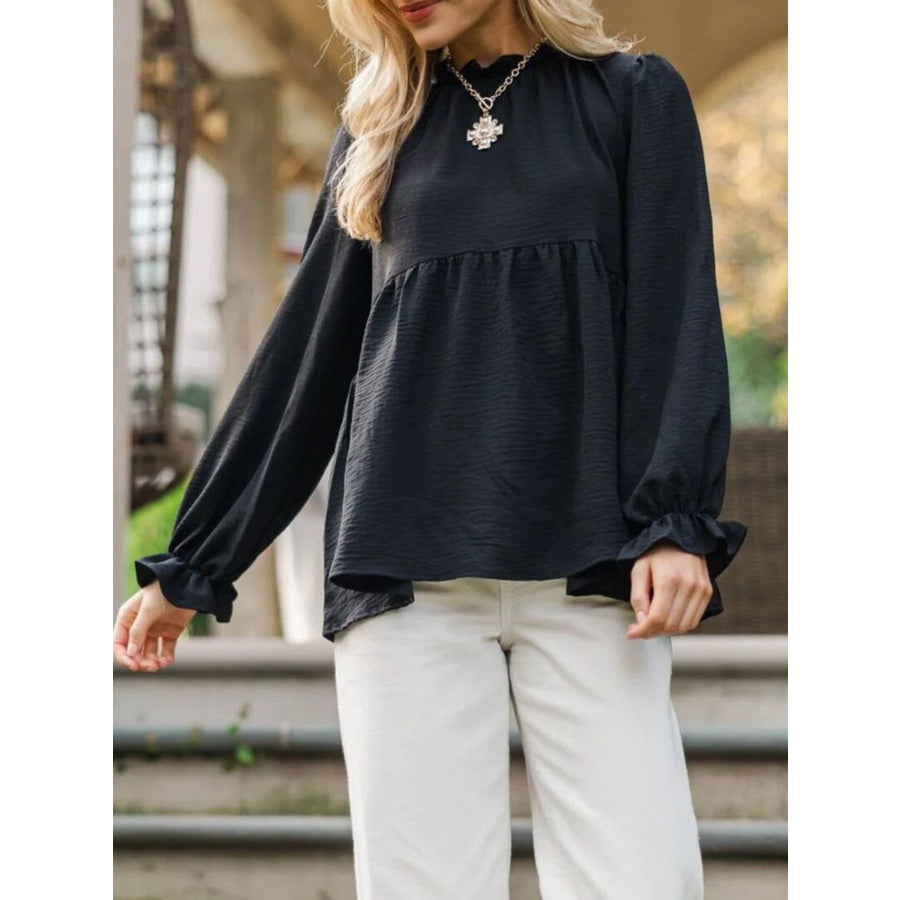 Frill Mock Neck Flounce Sleeve Blouse Apparel and Accessories