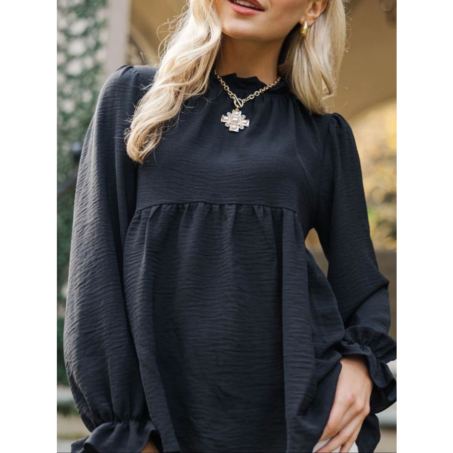Frill Mock Neck Flounce Sleeve Blouse Black / S Apparel and Accessories