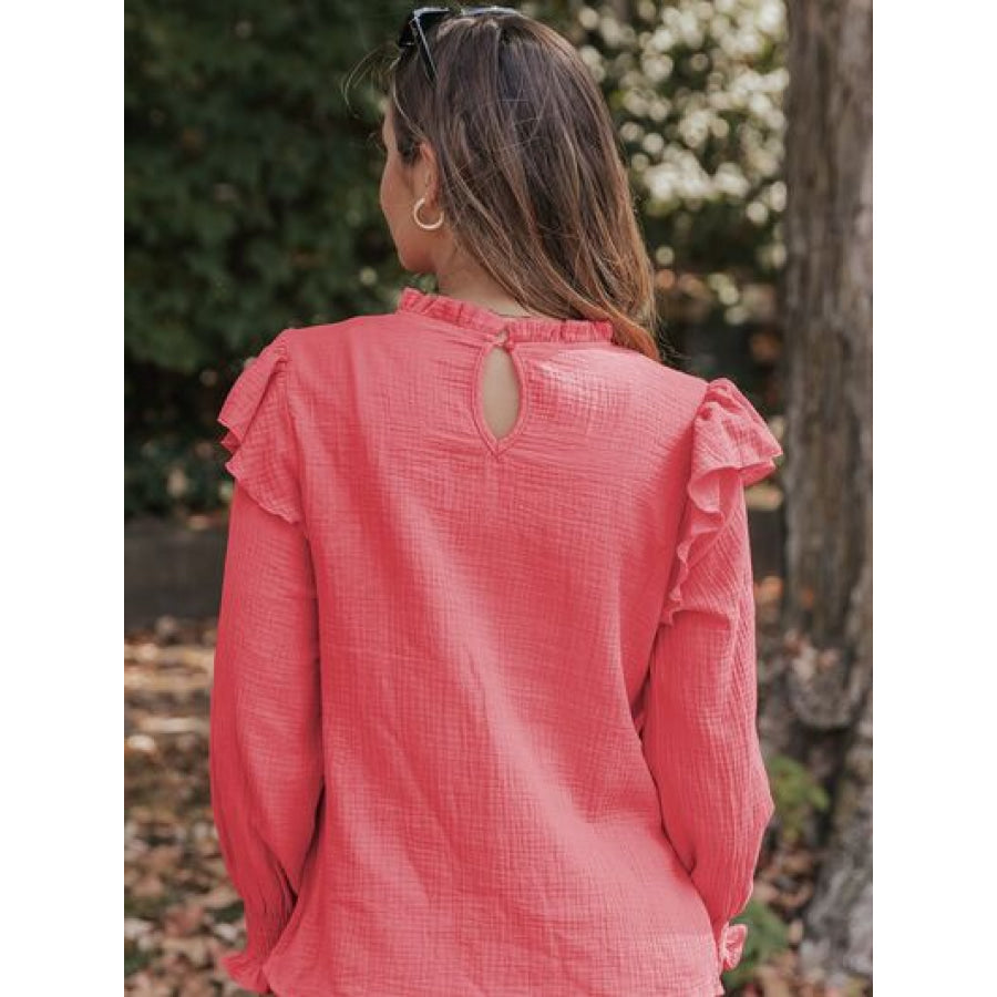 Frill Mock Neck Long Sleeve Blouse Strawberry / S Apparel and Accessories