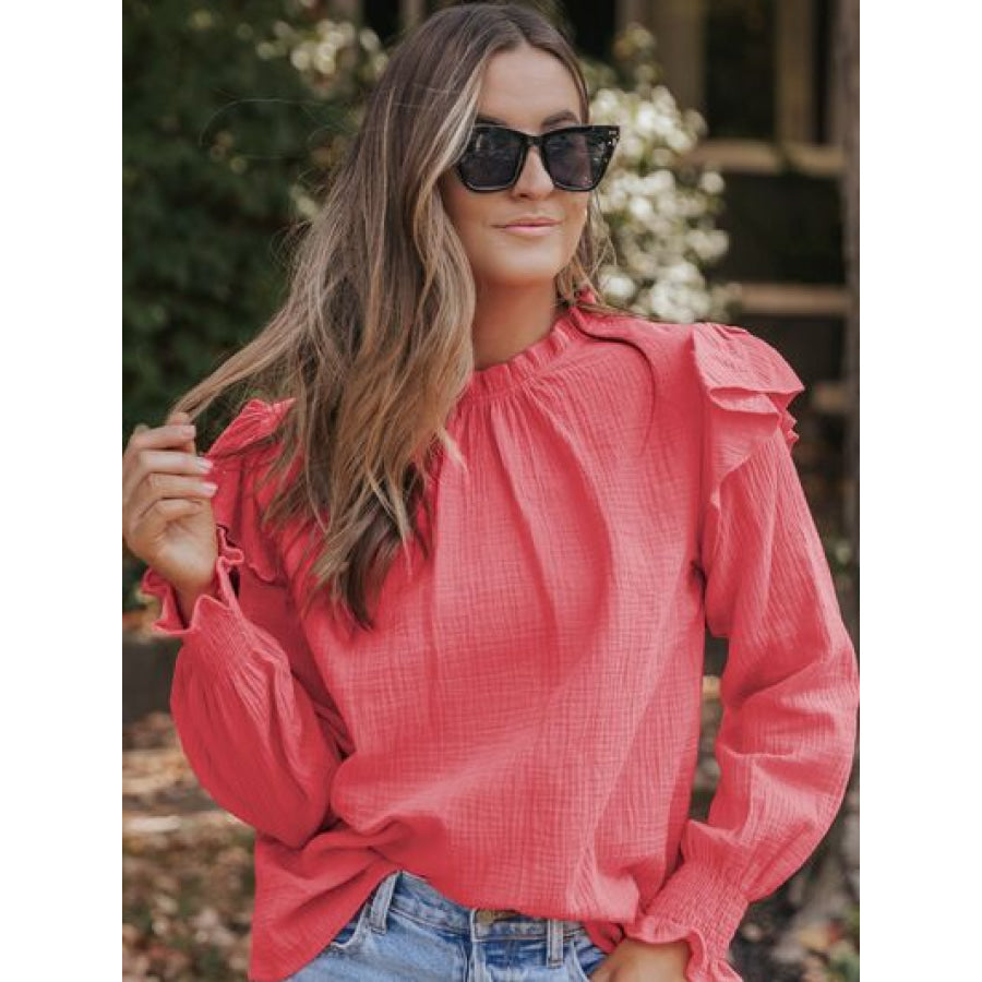 Frill Mock Neck Long Sleeve Blouse Apparel and Accessories