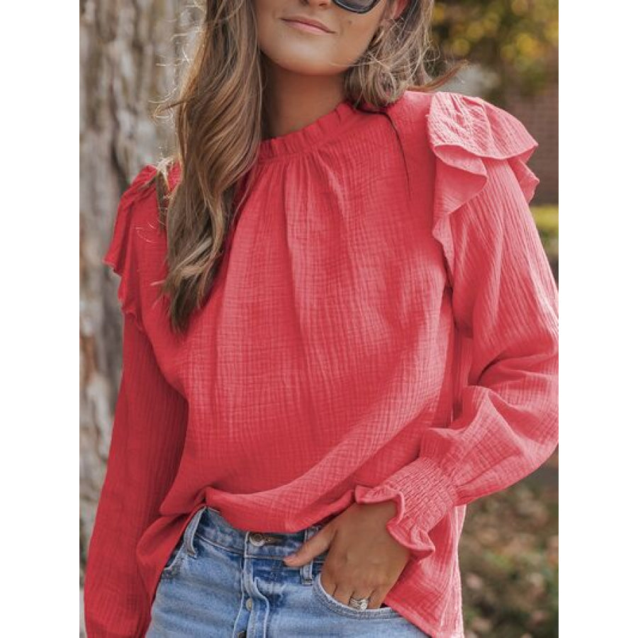 Frill Mock Neck Long Sleeve Blouse Apparel and Accessories