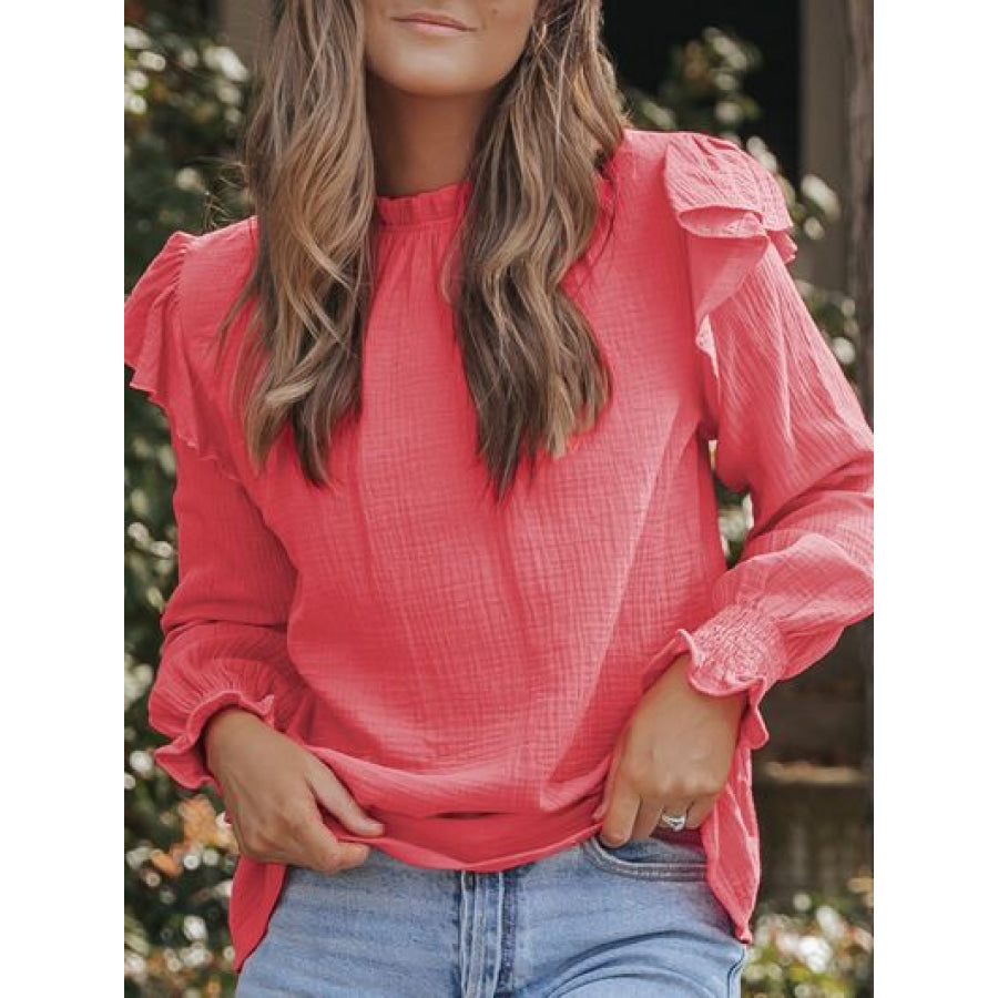 Frill Mock Neck Long Sleeve Blouse Strawberry / S Apparel and Accessories