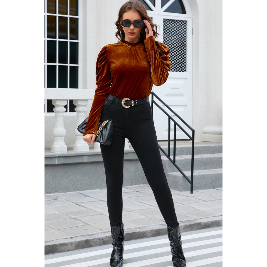 Frill Mock Neck Puff Sleeve Blouse Apparel and Accessories