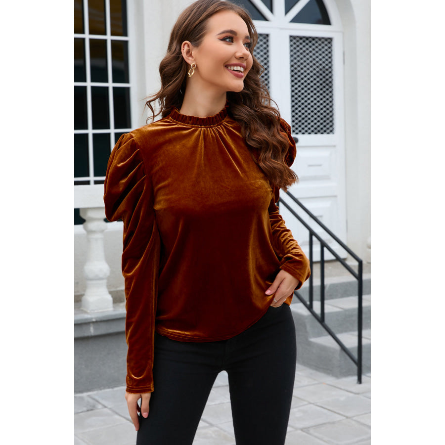 Frill Mock Neck Puff Sleeve Blouse Apparel and Accessories