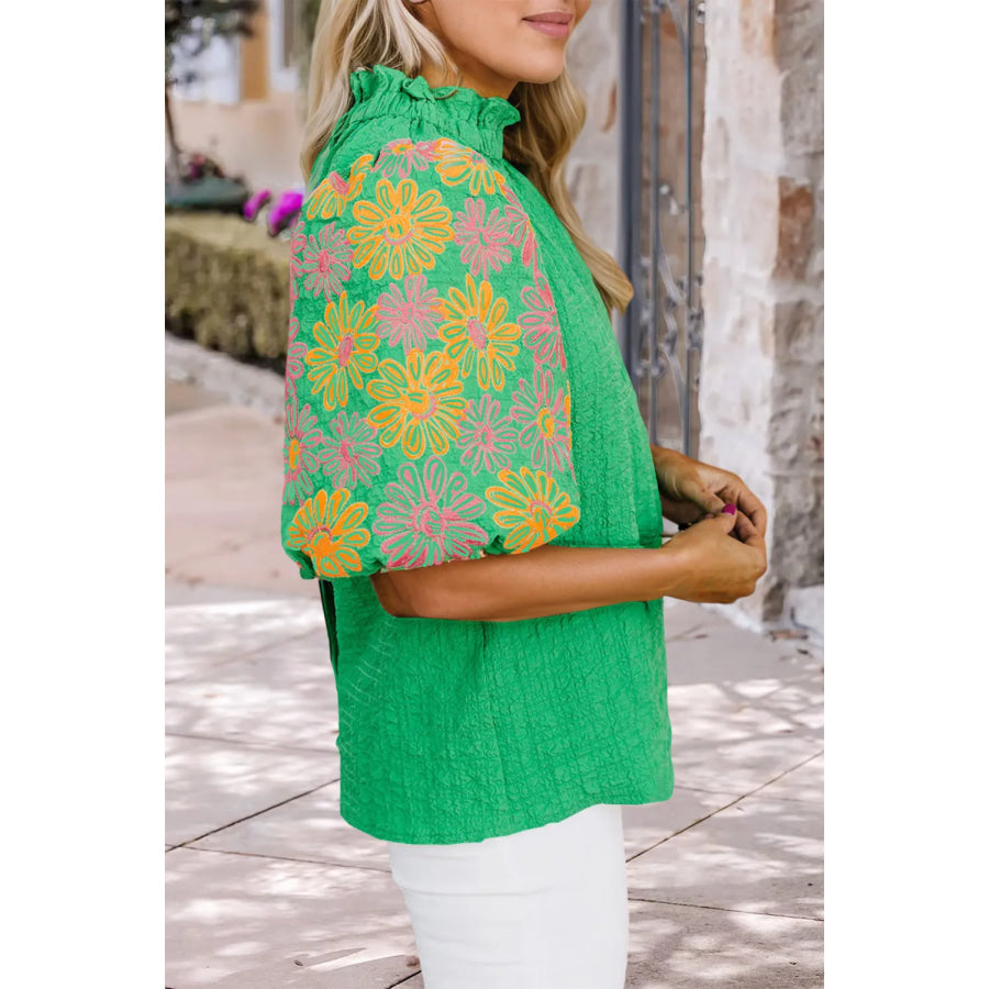 Frill Mock Neck Puff Sleeve Blouse Green / S Apparel and Accessories