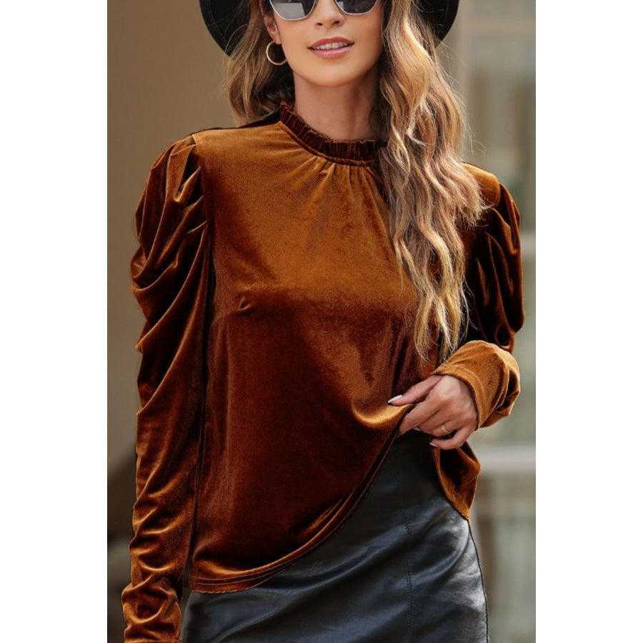 Frill Mock Neck Puff Sleeve Blouse Brown / S Apparel and Accessories