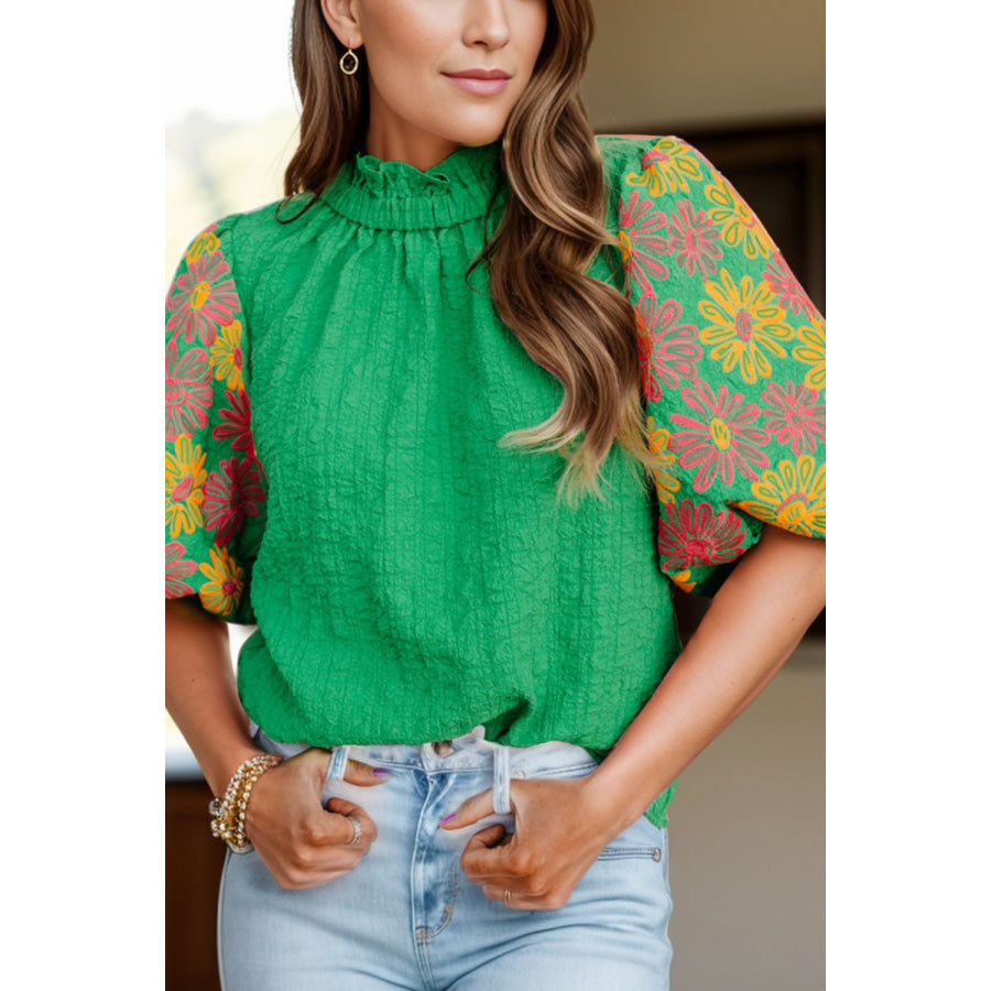 Frill Mock Neck Puff Sleeve Blouse Green / S Apparel and Accessories