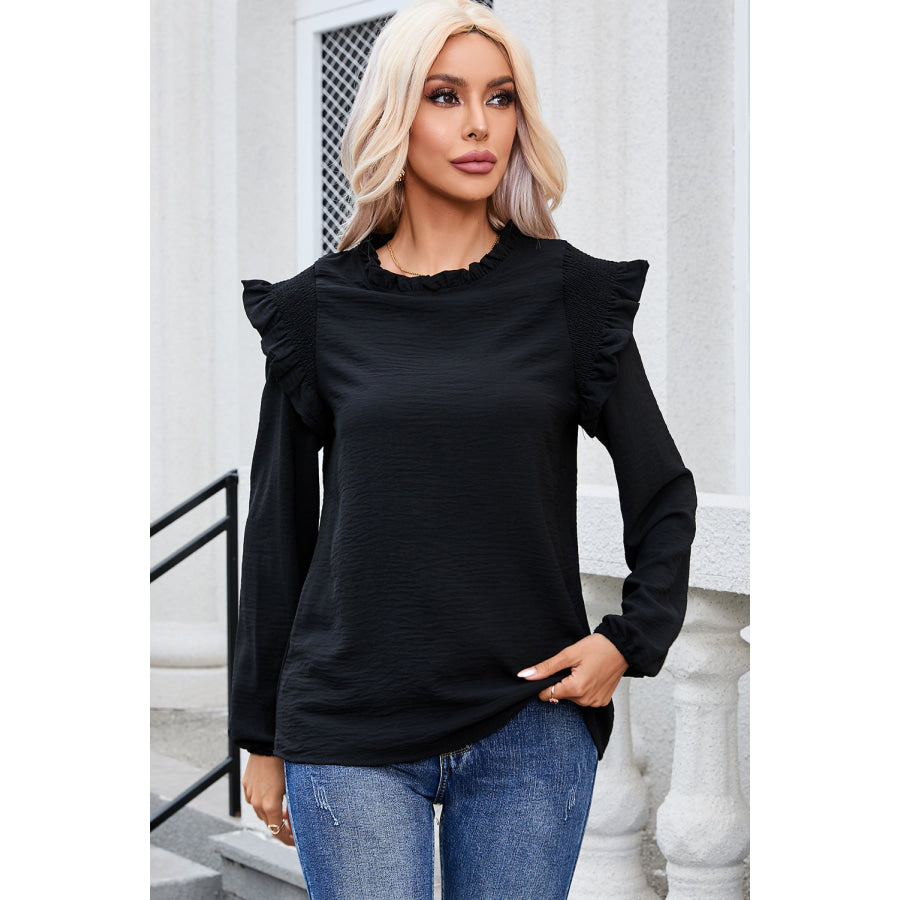 Frill Mock Neck Ruffled Balloon Sleeve Blouse Apparel and Accessories