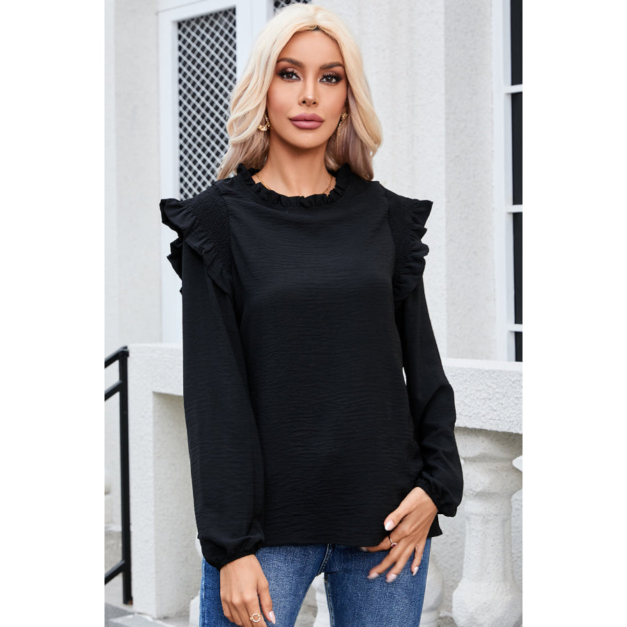 Frill Mock Neck Ruffled Balloon Sleeve Blouse Apparel and Accessories