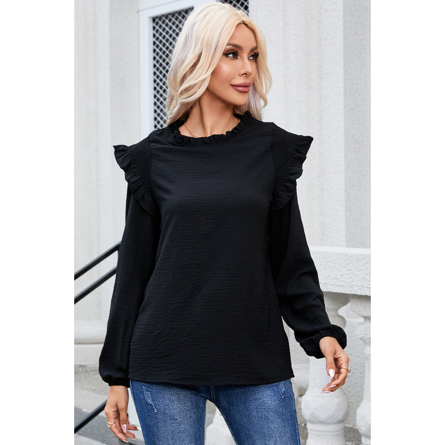 Frill Mock Neck Ruffled Balloon Sleeve Blouse Apparel and Accessories