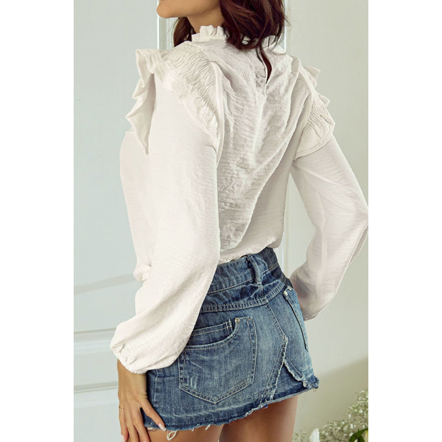 Frill Mock Neck Ruffled Balloon Sleeve Blouse Apparel and Accessories