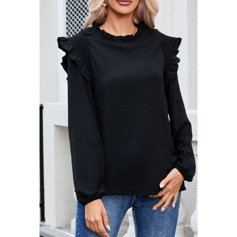 Frill Mock Neck Ruffled Balloon Sleeve Blouse Black / S Apparel and Accessories