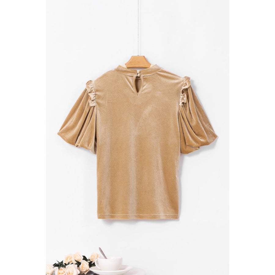 Frill Mock Neck Short Sleeve Blouse Apparel and Accessories