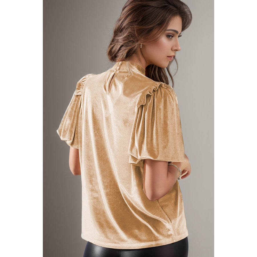 Frill Mock Neck Short Sleeve Blouse Apparel and Accessories