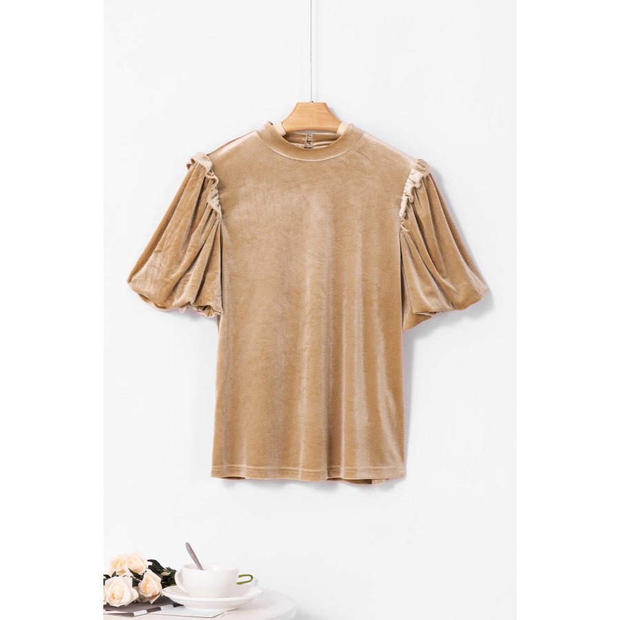 Frill Mock Neck Short Sleeve Blouse Apparel and Accessories