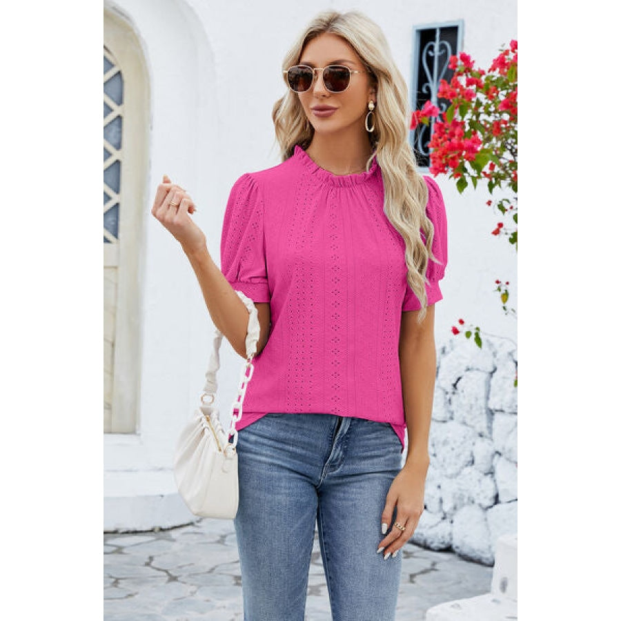 Frill Mock Neck Short Sleeve Eyelet Blouse Apparel and Accessories