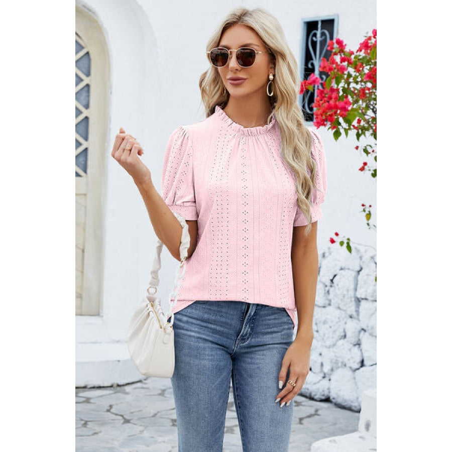 Frill Mock Neck Short Sleeve Eyelet Blouse Apparel and Accessories