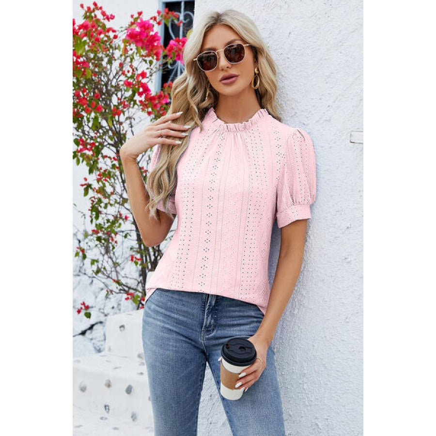 Frill Mock Neck Short Sleeve Eyelet Blouse Apparel and Accessories