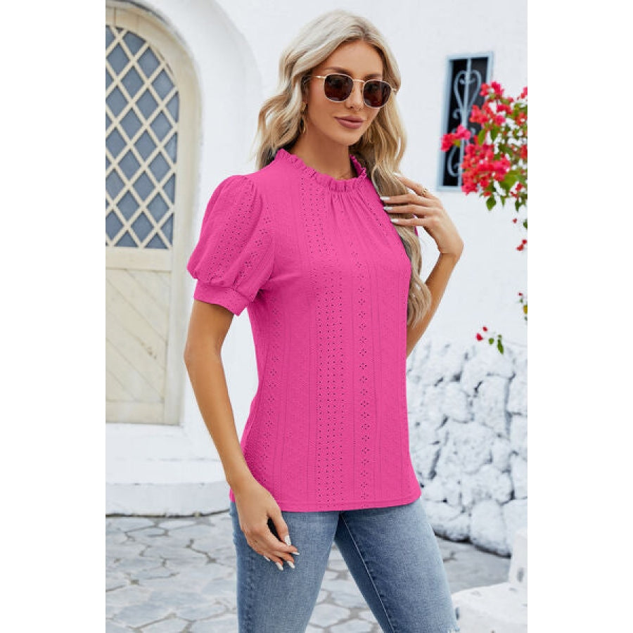 Frill Mock Neck Short Sleeve Eyelet Blouse Apparel and Accessories