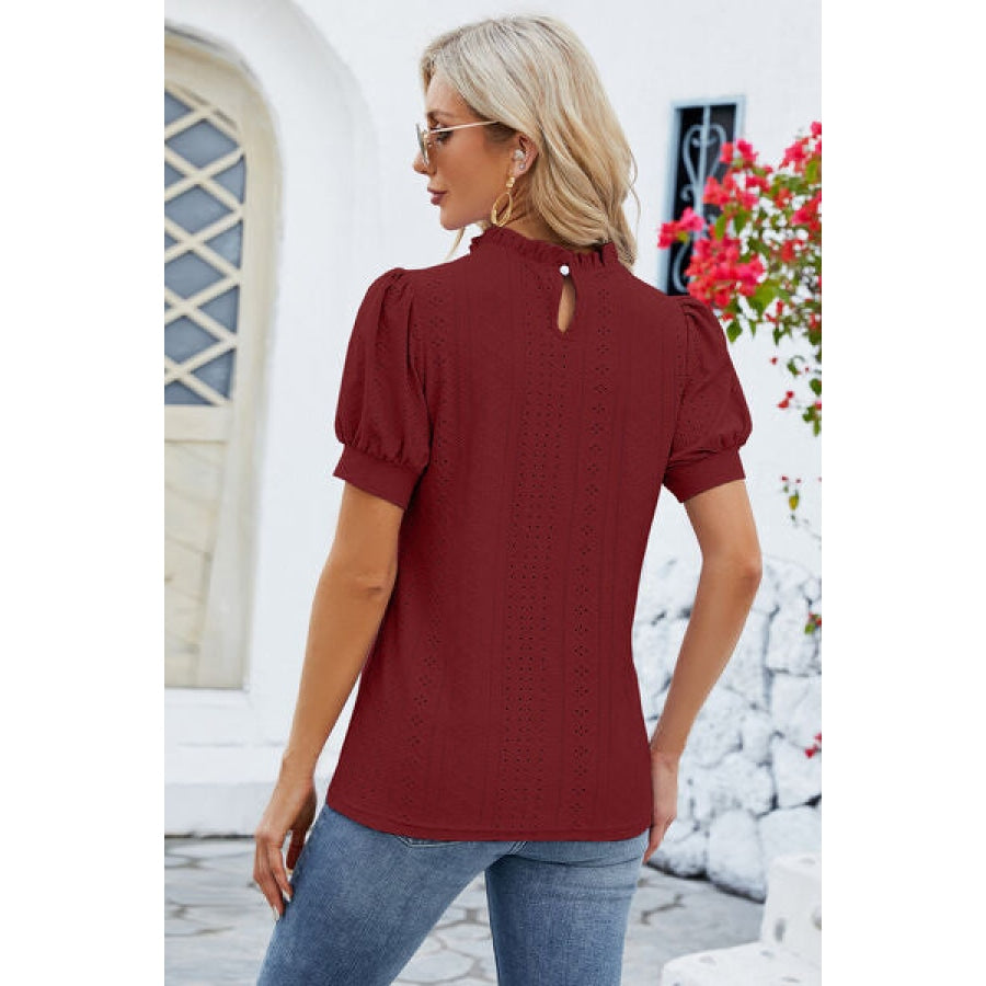 Frill Mock Neck Short Sleeve Eyelet Blouse Apparel and Accessories