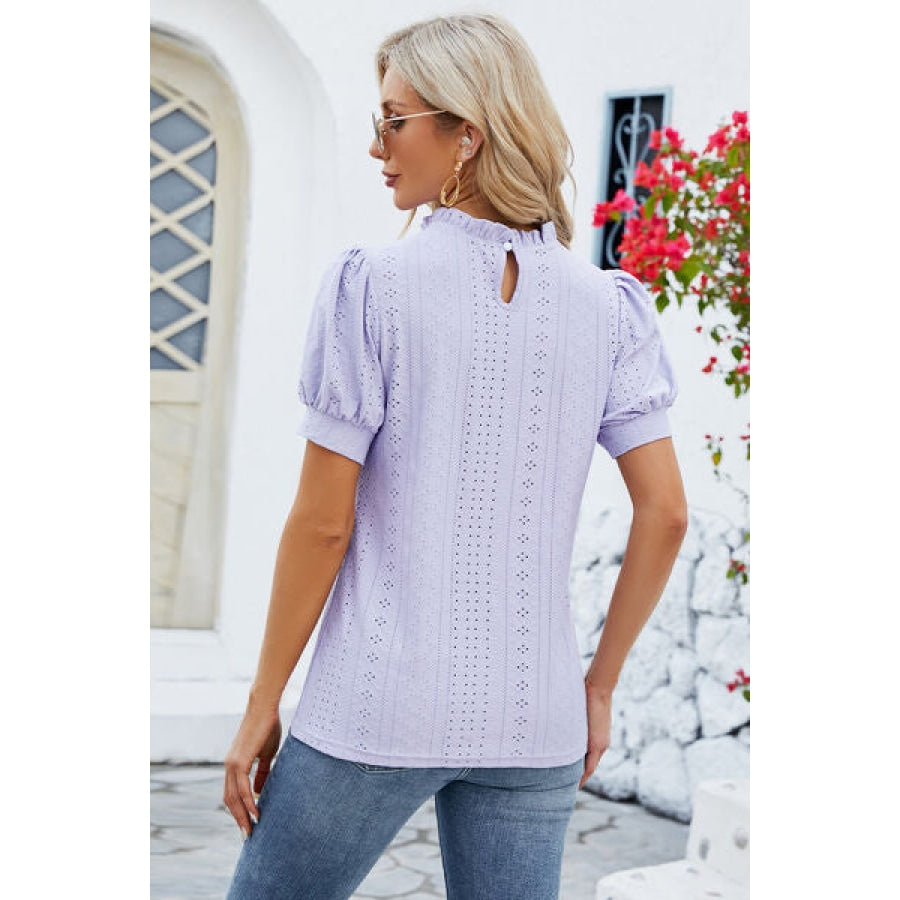 Frill Mock Neck Short Sleeve Eyelet Blouse Apparel and Accessories