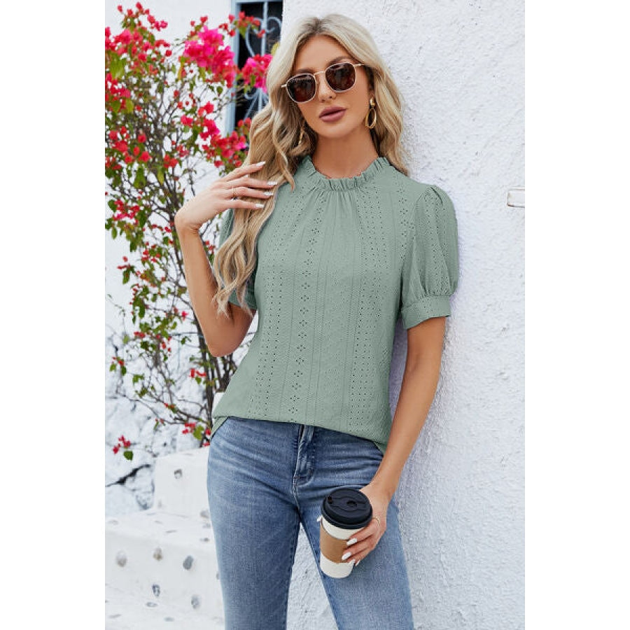 Frill Mock Neck Short Sleeve Eyelet Blouse Apparel and Accessories