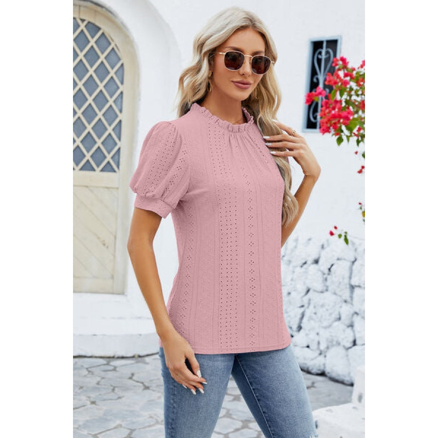 Frill Mock Neck Short Sleeve Eyelet Blouse Apparel and Accessories