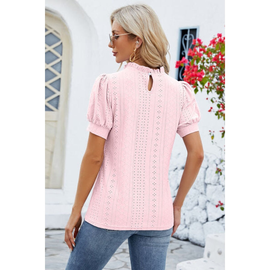 Frill Mock Neck Short Sleeve Eyelet Blouse Apparel and Accessories