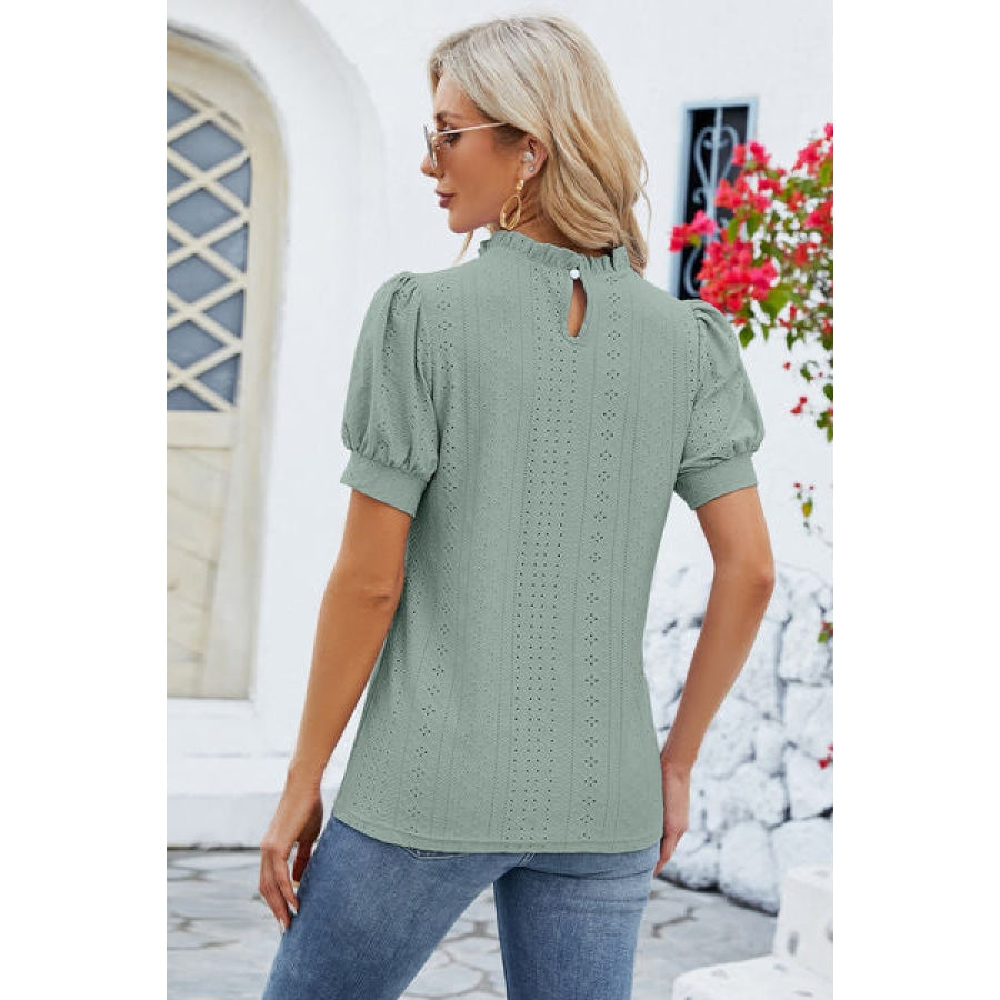 Frill Mock Neck Short Sleeve Eyelet Blouse Apparel and Accessories