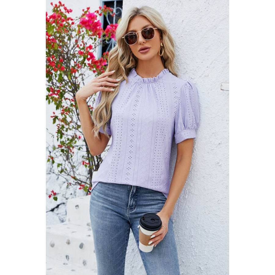 Frill Mock Neck Short Sleeve Eyelet Blouse Apparel and Accessories