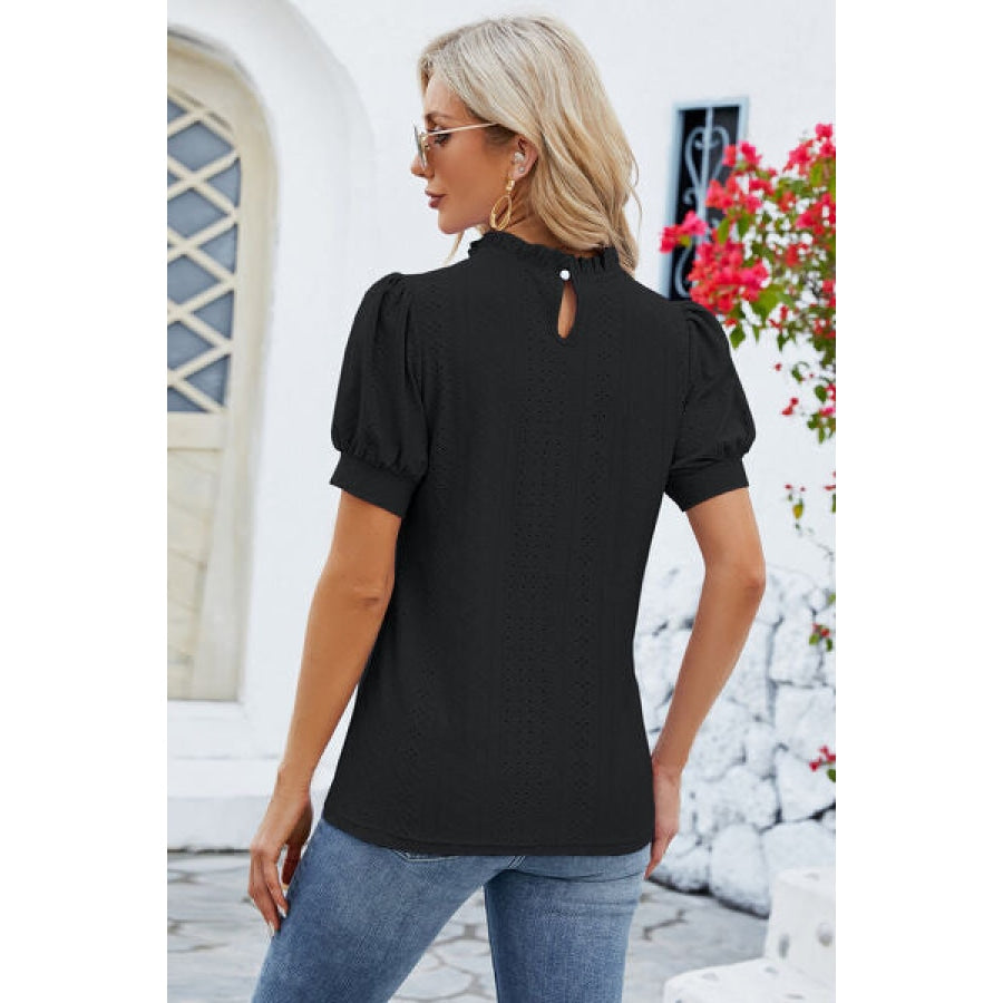 Frill Mock Neck Short Sleeve Eyelet Blouse Apparel and Accessories