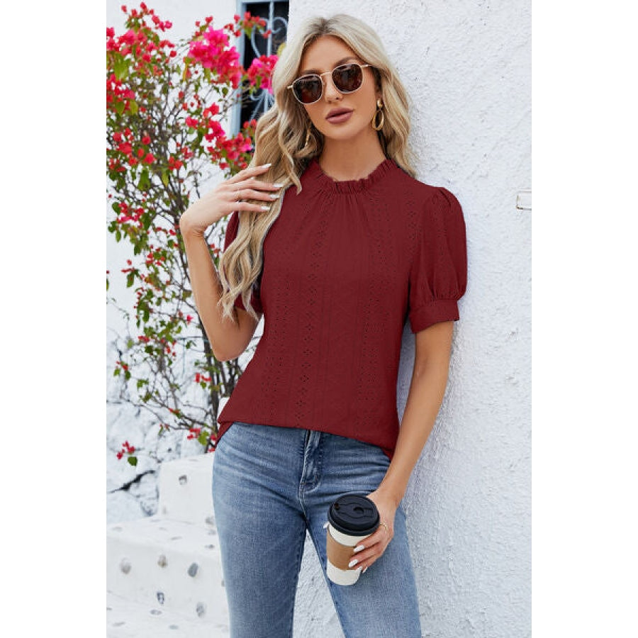 Frill Mock Neck Short Sleeve Eyelet Blouse Apparel and Accessories