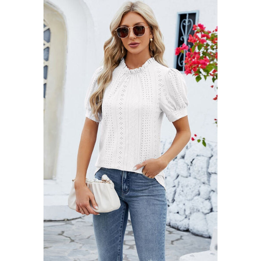 Frill Mock Neck Short Sleeve Eyelet Blouse Apparel and Accessories