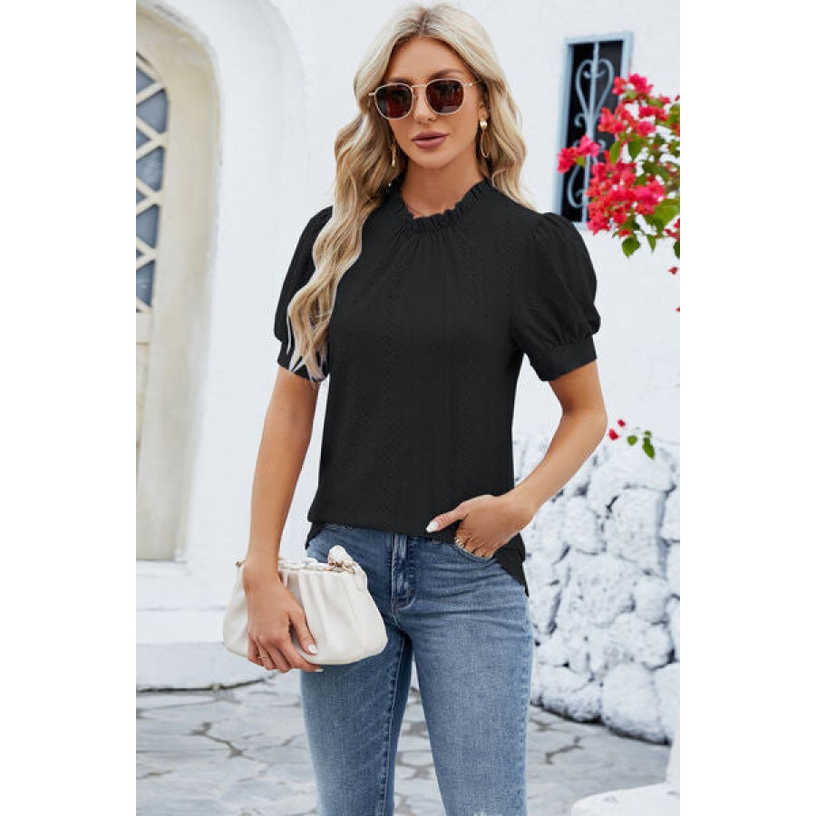 Frill Mock Neck Short Sleeve Eyelet Blouse Apparel and Accessories