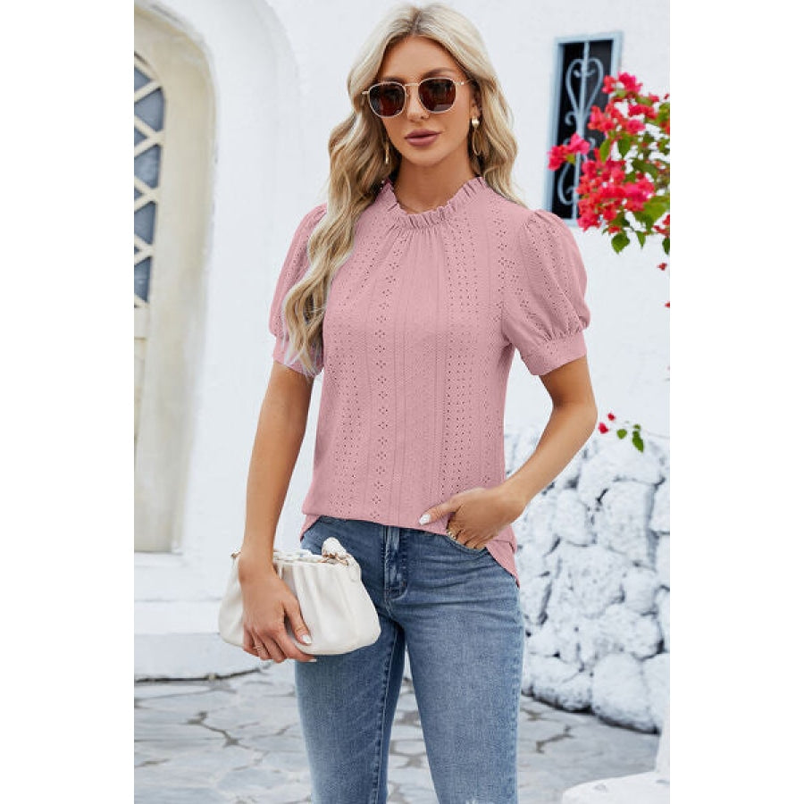 Frill Mock Neck Short Sleeve Eyelet Blouse Apparel and Accessories