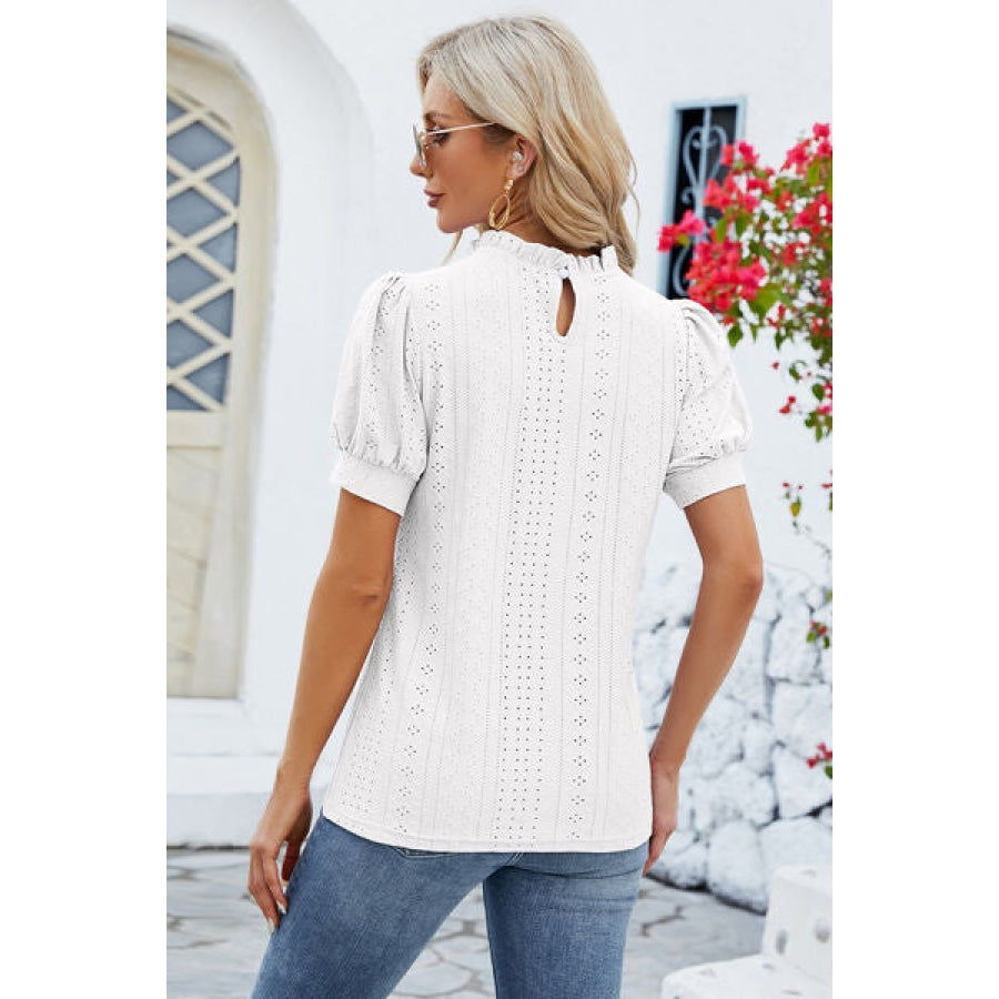 Frill Mock Neck Short Sleeve Eyelet Blouse Apparel and Accessories